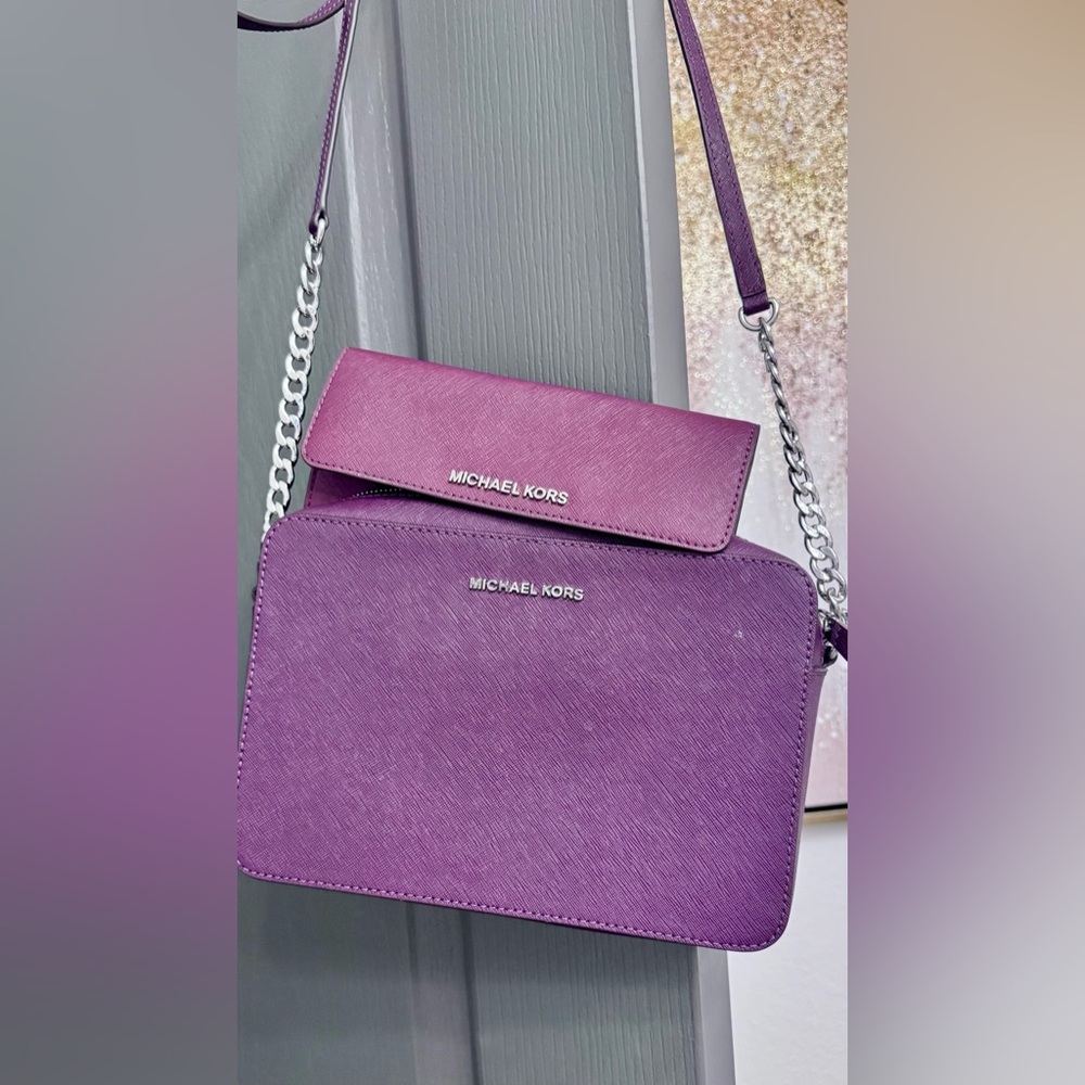 Michael Kors Purple Jet Set Large Saffiano Crossbody Bag & Matching Wallet